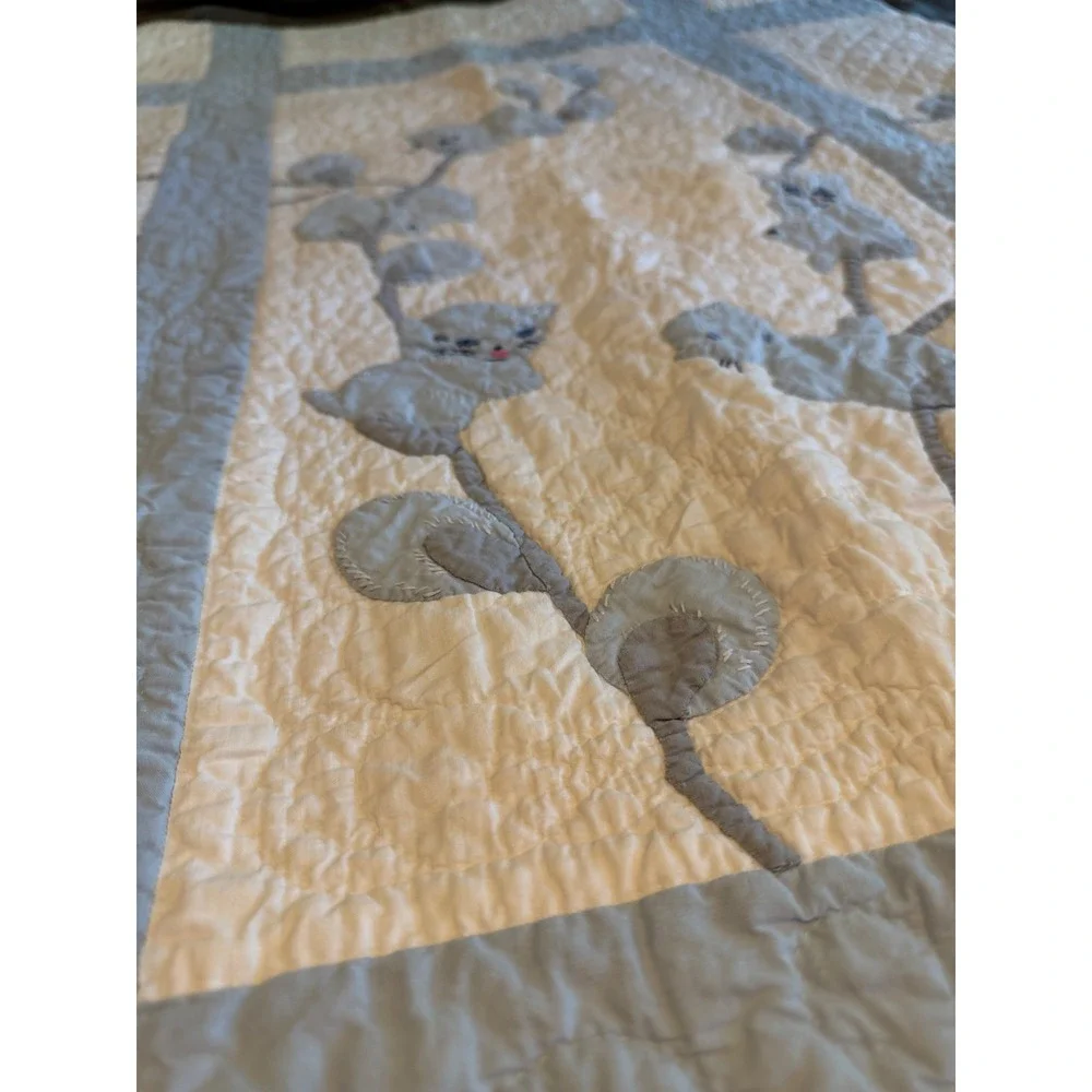 Vintage Handmade Baby Quilt Blue Applique Kitten Cat Nursery Blanket Cottagecore